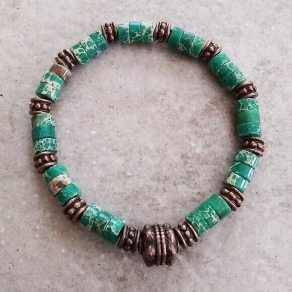 SlimLine! Rustic + Rugged! Green + Copper Sea Sediment Jasper Stretch Bracelet - Picture 1 of 8